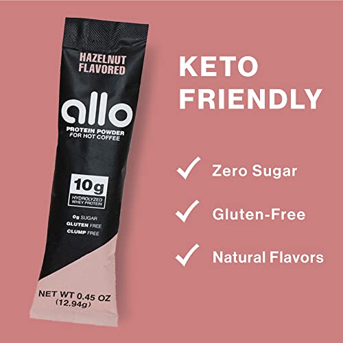 Allo Hazelnut Protein Powder For Hot Coffee | Gluten-Free, Clump-Free, Sugar-Free | 10 Grams Of Hydrolyzed Whey Protein Powder | Dissolves In Hot Lattes, Matcha, Tea, Hot Chocolate | 10 Per Box #TOP3
