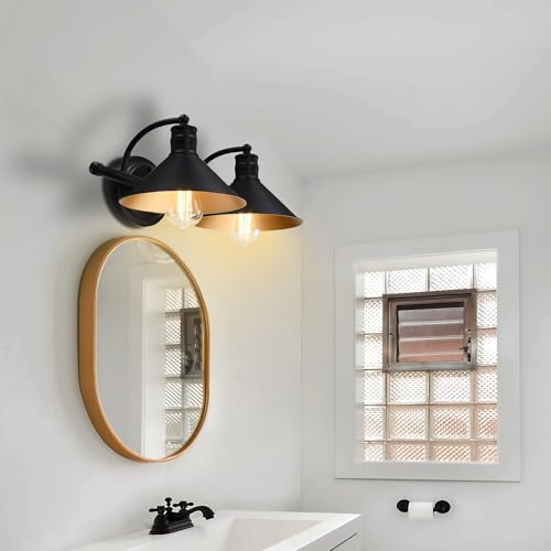 Image of 2 Light Bathroom Vanity Light Over Mirror - Black and Gold Farmhouse Wall Light for Bathroom Vanity Powder Room, Rustic Gooseneck Barn Style 2 Bulb Wall Sconce Over Kitchen Sink