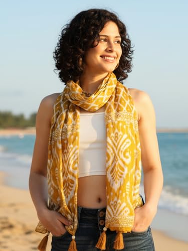 Image of KE KANHA EXPORTS Scarf for Women Premium Cotton Boho | Dual Tone Border Print Stole with Tassels | Lightweight Summer Beach Wrap 180 x 50 cm FREE Scrunchie Included