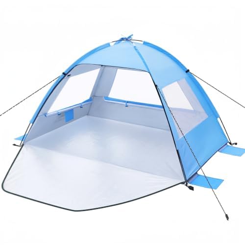 Strandmuschel für 2-4 Personen, Strandzelt mit UV-Schutz 50+ Windschutz, Stabiles Sonnenschutz Strand Zelt, Beach Tent with Carry Bag mit kleines Packmaß für Baby Kinder Familie Camping Garten Strand