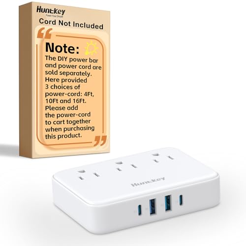 Innovative Power Strip, Cord Removable Design, Huntkey 3 Outlets Non Surge for Cruise, Travel Power Strip with 4 USB Ports (2 USB-C, 2 USB-A), ETL Listed, Customize Cord Length