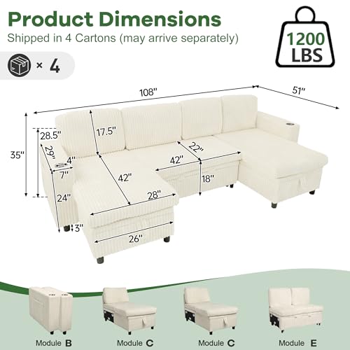 Image of Sectional Couches for Living Room, Sectional Sleeper Sofa with Pull Out Bed, Modular Corner Sofa with Storage, Convertible Sofa Bed for Living Room, Bedroom and Apartment, Beige