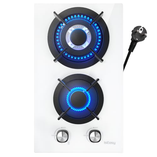 Placa de Gas 2 Fuegos Blanco, Encimera de Gas Butano/Natural/Propano, 4300 W, 31 cm, Cocina Empotrable, Vidrio Blanco