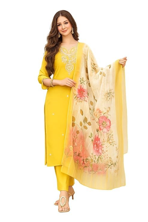 Kurta pantalon dupatta femme ensemble en viscose brodée style traditionnel chic