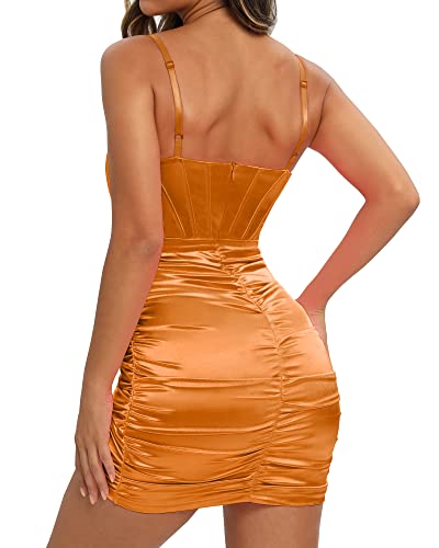 Linjou Womens Satin Sweetheart Neckline Wrap Bodycon Backless Corset Dress Club Party Sexy Mini Dress Brown #TOP3