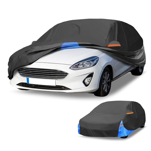 Image of All-Weather Waterproof Car Cover - UV-Resistant Outdoor Full Exterior Protection for Ford Fiesta Hatchback 210D-PU Black Blue with Right Side Zipper