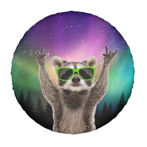 Image of Raccoon Aurora Spare Tire Cover for Rv Trailer Camper Truck SUV - Cute Raccoon Animal Wheel Protectors Cover Waterproof Fabric for Travel Camping Outdoor,Universal Fit,15 inch