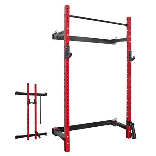 Mikolo 2.36'' x 2.36'' Folding Wall Mounted Squat Rack, 800 Pounds Capacity Power Rack with Pull Up Bar, J Hooks, Landmine and Other Attachments, Space-Saving Home Gym