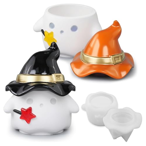 Japleed Ghost Storage Box Mold with Witch Hat Design 3D Halloween Resin Mold Cute Jar Silicone Molds for Epoxy Resin Concrete Candle Holder Succulent Pot Jewelry Holder Mould for Decor Art Craft