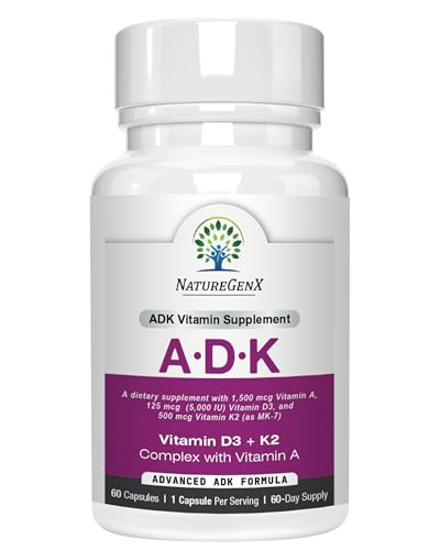 NatureGenX ADK Vitamin Supplement Vitamins A D3 & K2 MK-7 for Bone Health & Calcium Absorption Gluten-Free Non-GMO Soy-Free 60 Capsules (2-Month Supply)
