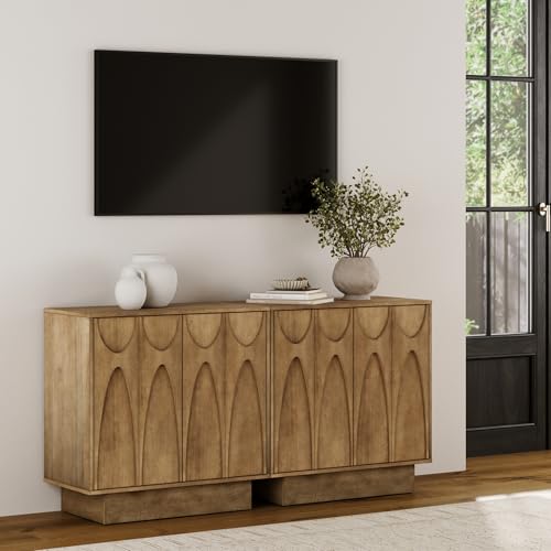 Nathan James Deanne Mid Century Modern Buffet Cabinet, Antique Carved Wooden Cabinet Credenza or Vintage Sideboard Buffet, Light Brown Set of 2