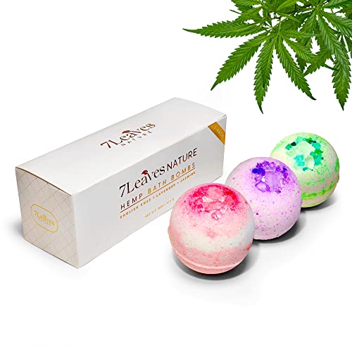 7Leaves Nature Hemp Bath Bombs For Women. 3-Pack Fizzy Bath Bomb Gift Set With English Rose, Lavender And Jasmine Essential Oils, Gift For Women Mother Christmas Birthday, 6Oz Each #TOP21