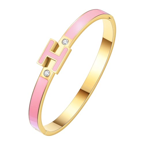 fekang H Bangle Bracelet for Women - Gold Stainless Steel Enamel Bracelet - Fashion H Letter Jewelry - Elegant Gift for Women (Gold-Pink Bangle)