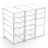 Prsildan Acrylic Drawer Organizer with 15 Drawers, Makeup Craft Office Desk Organizers Accessories, Set of 3 Clear Stackable Storage Drawers for Vanity, Countertop, Jewelry, Art Supply Organization