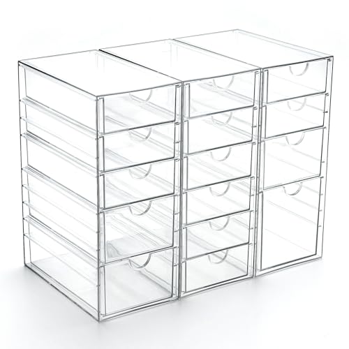 Image of Prsildan 15 Drawers Teacher Toolbox Acrylic Containers, Set of 3 | Clear, Pens Markers Stickers Hardware Storage, Office Desk Kitchen Cabinet Garage Organizer