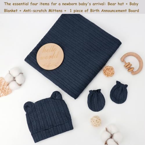 Image of DRESHOW BQUBO Newborn Receiving Blankets for Baby Girl Boy Swaddle with Bear Hat No Scratch Mittens Announcement Card Set for 0-3 Months