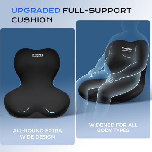 Image of Coverado Car Seat Cushion and Lumbar Support Pillow One Piece, Memory Foam Ergonomic Back Support Driving Seat Cushion for Back Pain, Non-Slip Washable Cushion for Car, Driver, Office