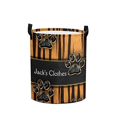 Dog Paws Personalized Freestanding Laundry Hamper, Custom Waterproof Collapsible Drawstring Basket Storage Bins with Handle for Clothes