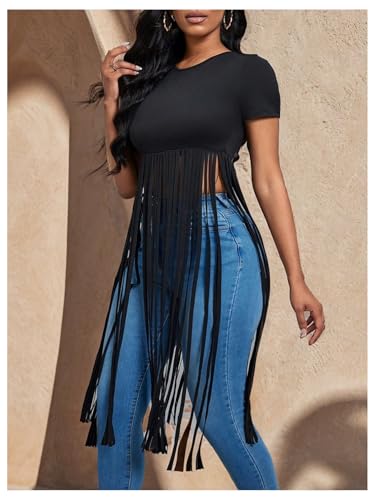 SOLY HUX Women's Short Sleeve Fringe Tops Crew Neck Slim Fit Tee Going Out Summer T Shirt2