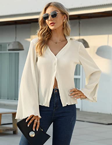 Kojooin Women Deep V Neck Blouse Long Flared Sleeve Tops Button Front Dressy Casual Shirts Top Beige #TOP1