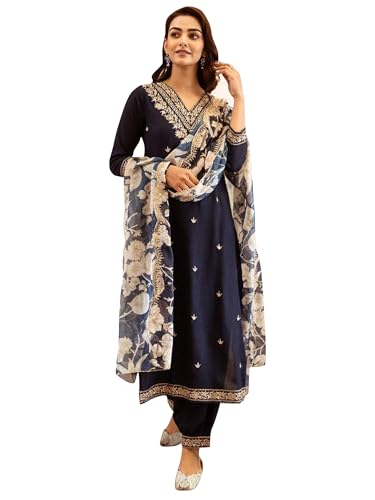 Image of INDO ERA Women's Navy Blue Viscose Rayon Embroidered Straight Kurta Pant with Dupatta Set (IEOUT6939 Medium)