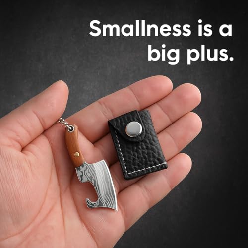 Image of Mini Knife Keychain, Real Damascus Style Tiny Chef Knives with Wooden Handle, Pocket Cleaver, EDC Miniature Weapon Keychains for Gifting, Decoration & Collectors