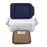 8-Inch Square Baking Dish with Blue Plastic Lid, Brownies Pan - Includes Bamboo Hot Pad by Andalus