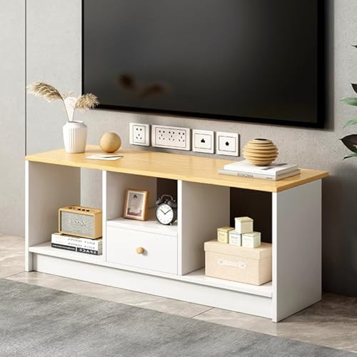 Image of LevalCraft Wooden TV Stand with Drawer, 90cm Wide Compact Media Console Table, Open Shelves TV Unit for Living Room & Bedroom, 3-Compartment Lowboard for Small Spaces (90 x30 x40cm, Warm White)