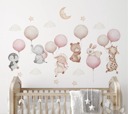 Pink Balloons With Baby Animals Wall Decal - Cute Animal Sticker for Nursery Decor - Removable Kids Room Vinyl Art Mural With Sheep, Elephant, Bear, Cat, Giraffe (Set2)