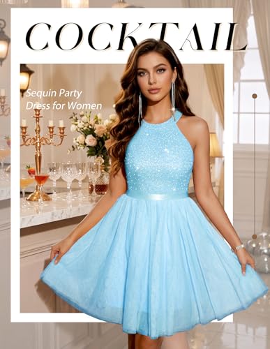 Image of Dressystar Women's Sequin Short Prom Dress Sparkly Halter Tulle Cocktail Party Homecoming Dresses