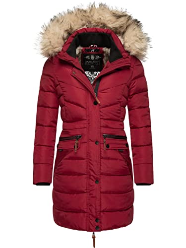 Navahoo Damen Wintermantel warmer Steppmantel lang mit abnehmbarer Kunstfell-Kapuze Paula Dark Red Gr. M