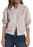 Lazysmile Women's Faux Suede Bomber Jackets Fall Fashion Outfits Winter Clothes Stand Collar Zip Up Coat Outwear with Pockets