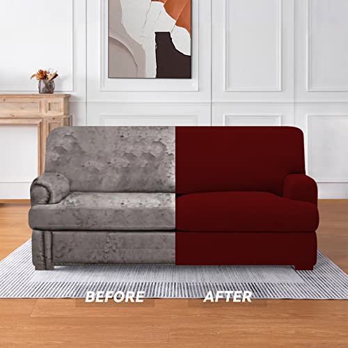 Molasofa T Cushion Loveseat Slipcover With 2 Individual T Cushion Shape Seat Covers For Home Décor,3 Pieces Stretchable Washable Non-Pilling Non-Slip Love Seat Covers Covers(Loveseat,Burgundy) #TOP2