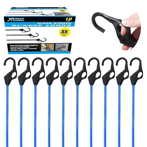 XSTRAP STANDARD Heavy Duty Bungee Cords 10PK Premium Bungee Cords with Finger-Hole Hooks for Camping, Car, Truck, Tents, Luggage Rack, and Cargo (10pcs Blue, 24inchinch)