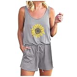 Estilo: ocio IHEHUA Imprimir sin mangas de las mujeres de girasol mono O-cuello bolsillo casual con cinturón de moda de las mujeres mono casual monos, gris, L