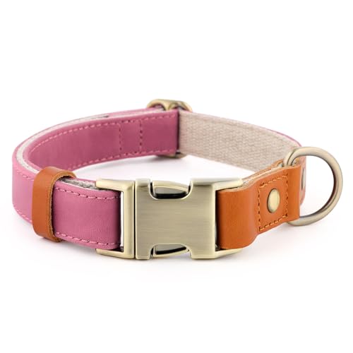 Plutus Pet Genuine Leather & Hemp Dog Collar – Adjustable Heavy Duty Pet Collar with Quick Release Metal Buckle, Soft & Stylish for Puppy and Small, Medium, Large Dogs (Pink, M)