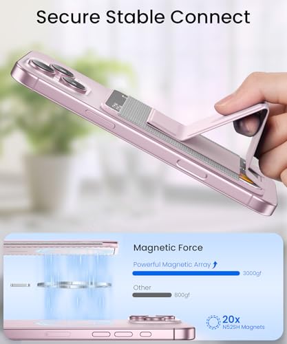 Tarjetero de cuero rosa con soporte MagSafe ideal para viajar ligero con iPhone 15 5