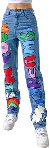 Baggy Jeans for Women Colorful Rainbow Letter Print Wide Leg High Waist Denim Pants Fashion Funny Streetwear Jeans