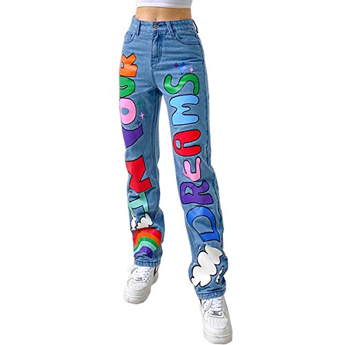 Baggy Jeans For Women Colorful Rainbow Letter Print Wide Leg High Waist Denim Pants Fashion Funny Streetwear Jeans #TOP13