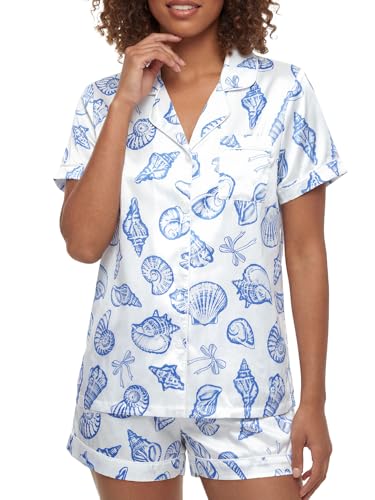 Image of Umenlele Women's Silk Satin Pajamas Set Striped Short Sleeve Button Down Sleepwear 2 Piece Soft Loungewear PJs