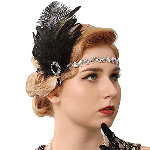 Genbree 1920S Flapper Headband Black Feather Headpiece Rhinestone Gatsby Headbands Cocktail Head Accessories For Women(Pattern 3) #TOP5