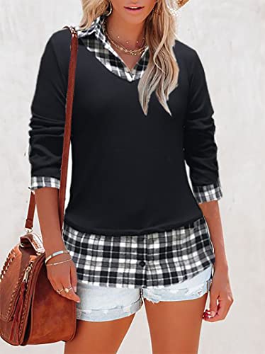 Image of Oyamiki Women's Casual Collared Curved Hem 2 in 1 Pullover Tops Plaid Contrast Shirt Blouse
