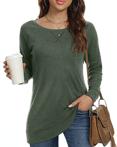 POPYOUNG Women's Fall Long Sleeve Tunic Tops for Leggings Crewneck Casual Blouse Sweatshirt M, Dark Green