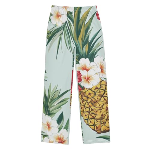 Pineapple Aloha Floral Boys Long Pants Soft Trousers Elastic Waist Kids Lounge Bottoms with Pockets S-XL