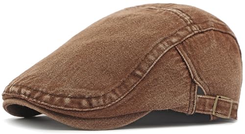 Newsboy Cap for Men Adjustable Flat Ivy Gatsby Cabbie Driving Hat Breathable Denim Cotton Golf Cap (Coffee Navy)