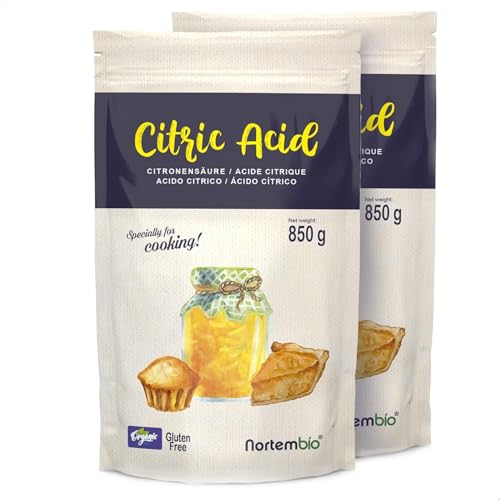 Nortembio Ácido Cítrico Alimentario 2 x 850 g – 100% Puro, Grado Alimentario | Origen Natural, Sin OGM, Conservante y Acidulante para Cocina, Repostería, Mermeladas y Queso Casero + Recetario Gratis