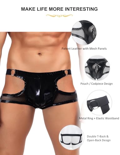 comeondear Sexy Boxershorts Herren mit Öffnung Lack Boxer Wetlook Shorts Jockstrap Männer Sissy Dessous Große Größen Lackleder Unterwäsche Hinten Offen Slip mit Beutel Gay Underwear Man Schwarz,L