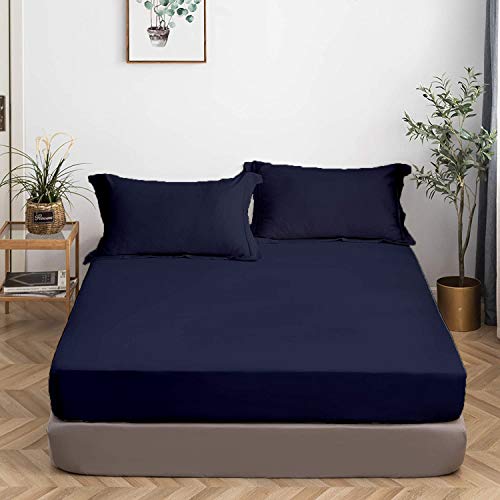 Image of All Around Brushed Microfiber Queen Fitted Sheet - (60 x 78) Inches - 10'' Deep Pocket Elastic Fitted Bedsheet + 1 Pillow Cover 400 Series Extra Soft & Easy Fit - Navy Blue