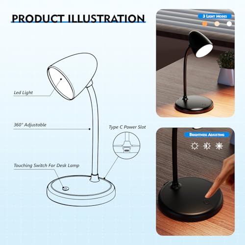 Image of LED Desk Lamp for Home Office, 3 Light Colours, Flexible Gooseneck Dimmable Reading Light for Bedside, Small Desk Lamp for College Dorm, Bedroom, Desk Lamp