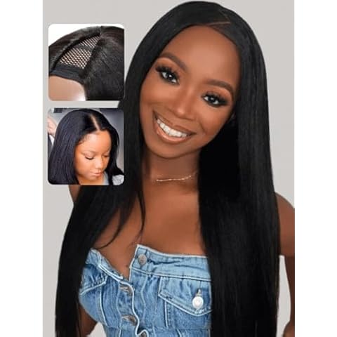 UNICE EasiContour V Part Wigs Human Hair Yaki Straight Glueless Wigs Human Hair Clip in Vpart Wig No Sew in No Glue Upgrade U Part Human Hair Wig Beginner Friendly 16 inches Cover